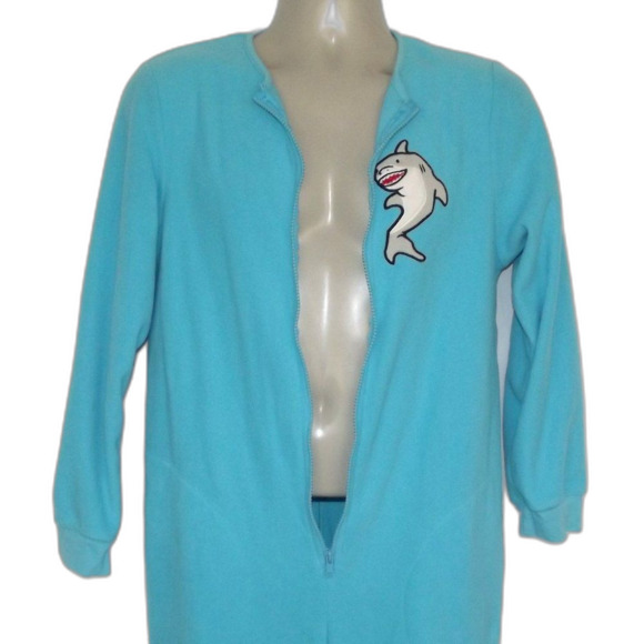 NICK & NORA Footie Pajamas/Union Suit, S, SHARK, Aqua Blue, Long sleeve, Zipper - Picture 6 of 14
